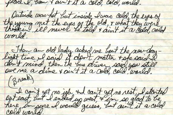 Original handwritten lyric sheet for Cold, Cold World